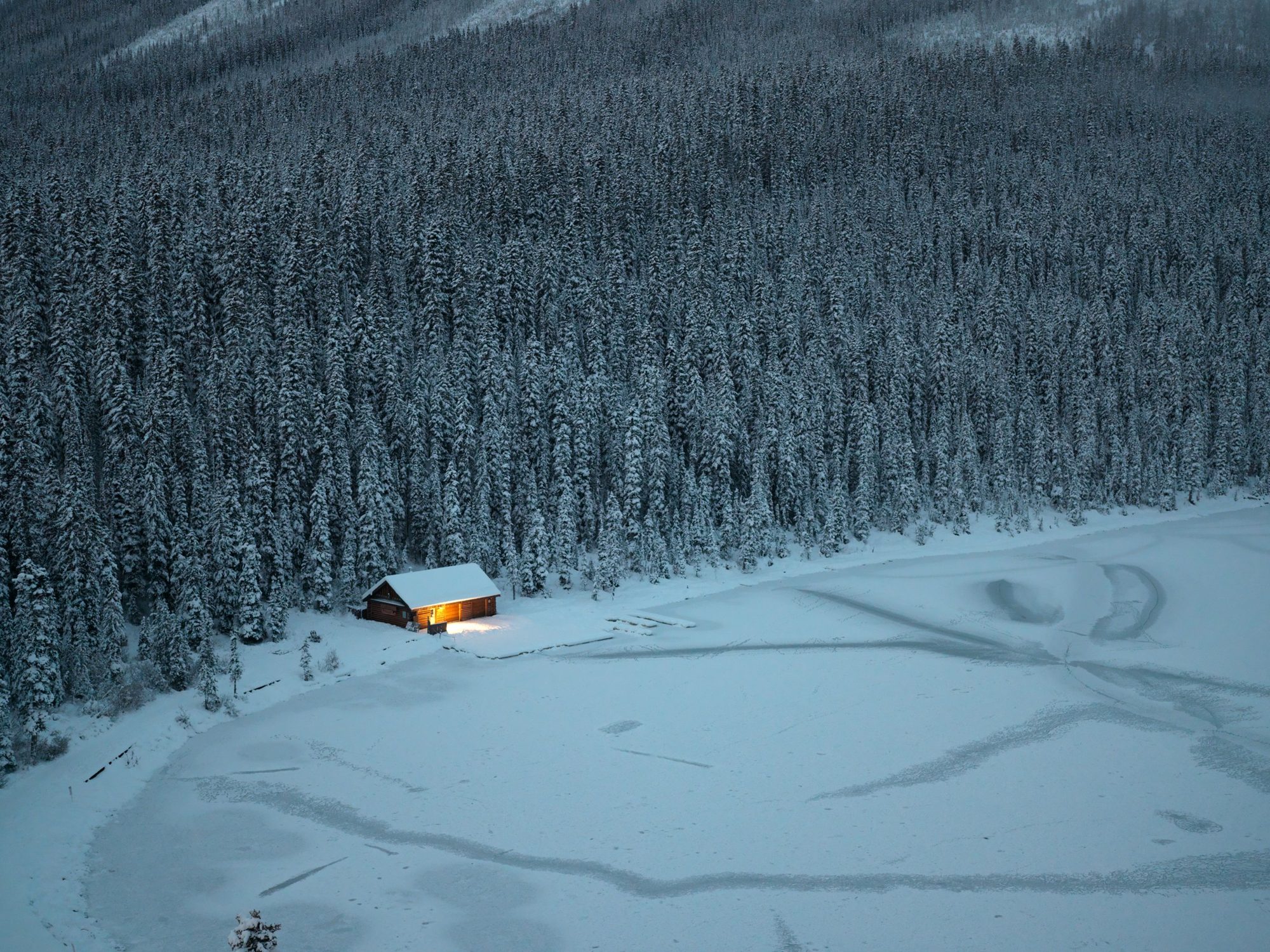 A small cabin with a warm light on, in a snowy forest at dusk
