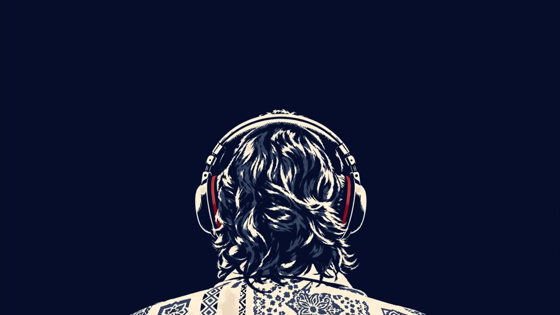 Stencil illustration of Waldo Rios, seen from behind, putting on headphones